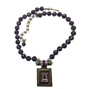 Heidi Daus Multicolor Crystal Purple Glass Bronze Pendant Statement Necklace